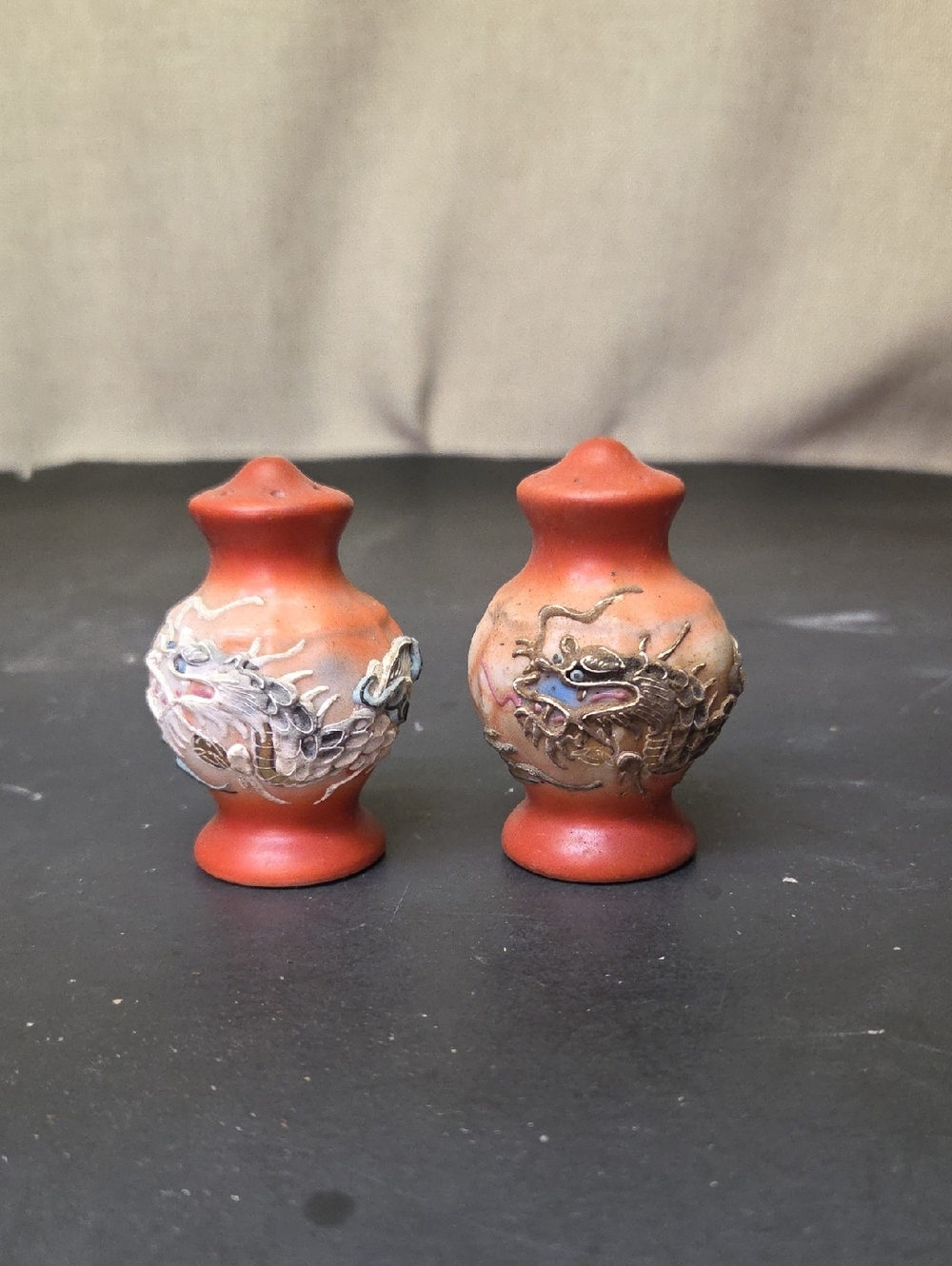 Japanese Moriage Dragonware salt and pepper shaker set.